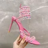 신발 Rene Caovilla Sandals 디자이너 신발 스틸레토 힐스 럭셔리 크리스탈 램프 펜던트 라인 스톤 트윈 풋 링 여성 10cm 높이 34-43 240229