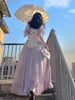 Casual Dresses 2023 French Vintage Purple Summer Puff Sleeve Backless Bow A Line Midi Fashion Party Evening Princess 230417