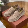 Klänningskor Summer Walk Loafers LP Women Flat Khaki Suede Casual Moccasin Leather Tassel Metal Lock Lazy Slip On Mules Master Quality 230417