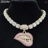 Pendant Necklaces Men Women Hip Hop Bite Lip Shape Necklace With 13mm Crystal Chain Iced Out Bling HipHop Fashion Charm JewelryPen298g