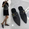 Terlik yeni moda mavi denim pıhtı sivri uçlu açık slaytlar Slingback katırları daireler üzerinde kayma basit kadın ayakkabıları yaz sandaletleri j230417