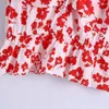 Women's Blouses Girls Cute Red Print Elastic Short Tops 2023 Leer Vrouw Elegant V Nek Bloemen Woman Chic Backless Ruffles Top