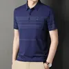 Men's Polos Men's T-shirt Short Sleeve Summer Turn-down Collar Striped Printing Pockets Button Embroidery Polo Tees Casual Comfort Tops 230417