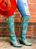 Stiefel BONJOMARISA Damen bestickte Western-Kniehohe Stiefel Cowboy Cowgirls Overknee-Stiefel für Frauen Blumen klobige Denim-Schuhe T231117