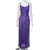 Casual Dresses Purple Sequin See Through Dress Women Sexy Backless Maxi Summer Strap Split Bodycon Evening Party Beach Sleeveless