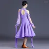 Stage Wear 2023 Ballroom Dance Competition Jurk voor meisjes Purple Long Sheeves Top Skirts Moderne Latijnse kostuums SL4709