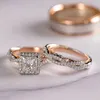 Anéis de casamento HOYON Conjunto de três peças cor de ouro rosa dividido espumante diamante zircão feminino luxo noivado 231117