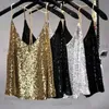 Débardeurs pour femmes Camis Sexy Club Chaînes en métal Paillettes Halter Camisole Femmes Mini Perles Réservoir Lâche Dos Nu Or Métallisé Brillant Bretelles Gilet Party Tops T230417