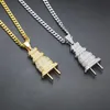 Iced Out Bling Men Micro Pave Full Rhinestone Plug Pendant Necklace Gold Silver Plated Charm Cuban Chain Hip Hop Jewelry234a