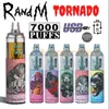 Original RandM Tornado 7000 Puff Disposable Vape Pen Electronic Cigarettes 14ml Pod Mesh Coil 6 Glowing Colors Rechargeable Air-adjustable Device Puff 7k