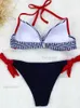 Kvinnors badkläder Seashy Blue Striped Bikini Set Sexig Thong Halter Bandage Två stycken Baddräkter Kvinna Push Up SwimeWear Summer Beach Bathing Suits T230417