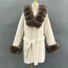 Misto lana da donna JANEFUR Cappotto in vera pelliccia oversize 2023 Moda di lusso Bianco con cintura lungo in cashmere con naturale 231116