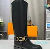 Women Westside Flat Bottom High Barrel Boots Brand Printed Metal Buckle Over the Knee Knight Boots Anti Slides Sole Ladies Knee Boot
