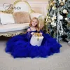 Girl Dresses Royal Blue A-Line First Communion Gowns Brush Train Illusion Princess Flower For Wedding Party Kid Christmas Dress