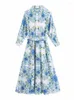 Casual Dresses Woman Blue Print Satin Shirt 2023 Spring Female National Style Long Ladies Floral Lacing Beach Dress