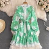 Vintage Palace Style Dress Temperament Bubble Long Sleeve Round Neck Waist Slim Cut Out Print Single breasted A-line Dress