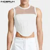 Débardeurs pour hommes 2023 Mesh Patchwork Col rond Streetwear Sans manches Voir à travers les gilets Sexy Party Nightclub Crop INCERUN 230417