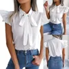 Women's Blouses Women Summer Elegant Ruffle Cap Sleeve Loose Fit Shirt Bowknot Tied V-Neck Basic Solid Color Casual Pullover Top