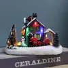 Christmas Decorations Christmas Small Train Village Snow House Luminous Resin Ornament Color LED Light Music Landscape Tabletop Decor Gifts 231117