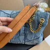 Damen Umhängetasche Kugelkette Handtasche Vintage Denim Tasche Klappe Designer Umhängetasche