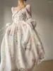 Robes décontractées élégant imprimé fleuri robe mi-longue femmes en mousseline de soie à manches longues épaules dénudées princesse Vintage Style français Fairycore doux