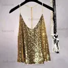 Damen Tanks Camis Sexy Club Metallketten Pailletten Neckholder Camisole Frauen Mini Perlen Tank Lose Rückenfrei Gold Metallic Glänzende Träger Weste Party Tops T230417