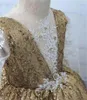 Girl Dresses Pageant Kids Gold Sequins White Lace Baby Girl&#39;s Birthday Party V-Neck Sheer Flower Wedding Gowns Toddler Prom Wear