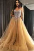 Party Dresses Sparkly Arabic Dubai Prom 2023 Sweetheart Rhinestone Bodice Beaded Tulle Gold Formal Evening Gowns Vestidos
