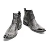 Fashion Retro Männer echte Leder -Knochen -Grau Italienisch Business Dress Schuhe Quadrat Zehen Cowboy Stiefel