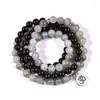 Strand Natural Stone Black Onyx med en Labradorite 108 Mala Charm Pendant Armband Yoga Meditation Smycken