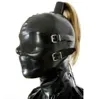 Masque en caoutchouc à capuche en Latex noir Sexy, avec yeux et couverture buccale, masque en Latex, Bandage arrière, trou de queue de cheval sans cheveux 7051621