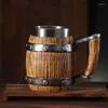 Muggar Viking träkorn ölmugg 304 Rostfritt stål Medeltida tavernimitation Barrel Tankard Coffee Cup Men Gift