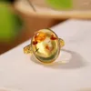 Cluster Rings S925 Sterling Silver Gold-Plated Natural Amber Flower Ret Retro Simple Egg Noodle Lady Open