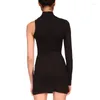 Casual jurken High-Neck Hollow Out Sexy Black one-shoulder Long-mouwen Bodycon Bodycon Bandage Mini Dress 2023 Elegant Celebrity Club Party