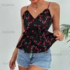 Kvinnors tankar Camis Yemoggy Sexig Cherry Print Camis Tops för Summer Women Camisole 2023 Ny V-ringad axellös rygglös ruffle Vest Skinny Tank Tops T230417