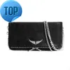 Äkta läder Zadig Voltaire Pochette Rock Swing Your Wings Womens Clutch Bags Pures Pures Tote Men Shoulder Bag toalettety Sats Cross Body Designer Square66
