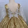 Girl Dresses Pageant Kids Gold Sequins White Lace Baby Girl&#39;s Birthday Party V-Neck Sheer Flower Wedding Gowns Toddler Prom Wear