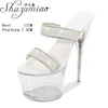 Slippers Catwalk T Stage Sexy Rhinestone Transparent Crystal One Word Slides 17 CM Super High Heel Platform Women's Clear Shoes