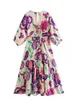 Lässige Kleider Print Midikleid Geraffte Maxikleider mit 34 Ärmeln Damenmode Ausschnitt Plissee A-Linie Vestidos Sommer Elegante Partykleider 230417