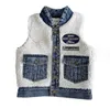 Barn fleece skarvning denim Waistcoat Girls Letter Brodery Single Breasted Vest Outwear Autumn Winter Kids Thicken Warm Waistcoats Z5456