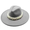 Bérets 9.5CM Big Brim Unisexe Solide Couleur Perle Laine Feutre Jazz Fedora Chapeaux Élégant Hommes Femmes Panama Trilby Cap En Gros