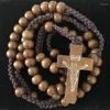 Pendant Necklaces Retro Style Men Women Catholic Christ Wooden Rosary Bead Cross Woven Rope Necklace