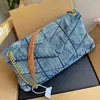 Damen Umhängetasche Kugelkette Handtasche Vintage Denim Tasche Klappe Designer Umhängetasche