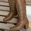 Buty Cowboy Brown Western Boots 2024 NOWY Punk Cool Cowgirl But dla kobiet spiczasty buty haftowe Chunky Heele Buty T231117