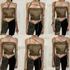 Kvinntankar Camis Cryptographic Fashion Print ärmlösa Crop Tops för kvinnor Bandage Sexig backless Tie Up Halter Top Female Croped Top Summer T230417