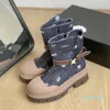 Designer dubbel bokstav c designer kvinnor denim blå canvas ankel boot high skor plattform heel real läder vinter hösten ridning cowboy booties med låda