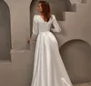 Elegante a linha vestido de casamento para as mulheres 2024 pescoço quadrado cetim pérolas botões mangas compridas vestidos formais de noiva muçulmanos de novia