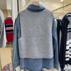 Damenjacken Asymmetrische schicke Streetwear ärmellose Knöpfe Strickjacke Damen lockere Westen mit blauer Jeansbluse 2-teiliges Set Tops