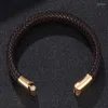 Charm Bracelets Vintage Men Jewelry Brown Braided Leather Bracelet Golden Stainless Steel Magnetic Clasp Fashion Male Wristband Man Gift