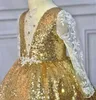 Girl Dresses Pageant Kids Gold Sequins White Lace Baby Girl&#39;s Birthday Party V-Neck Sheer Flower Wedding Gowns Toddler Prom Wear